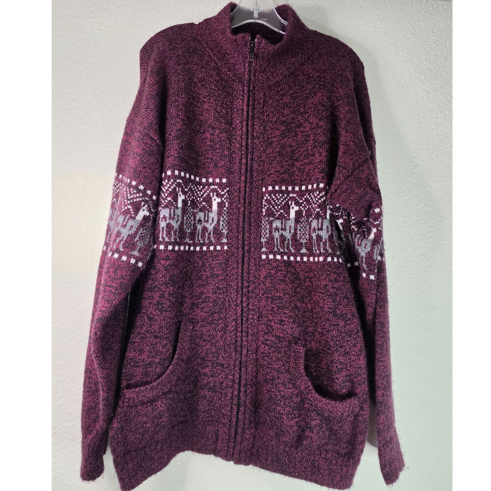 Alpaca Sweater Full-zip Front Traditional Peruvian Llama Pattern Made in Peru XL